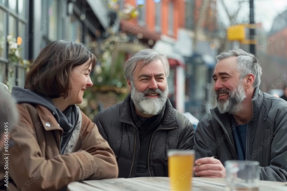 Three senior friends sitting in a street cafe, talking and drinking beer Three senior friends sitting in a street cafe, talking and drinking beer