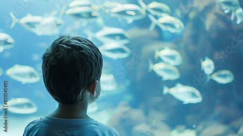 Kid watching the shoal of fish swimming in oceanarium : Generative AI photo