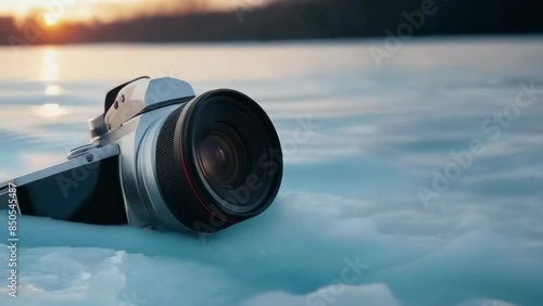 A vintage camera lies abandoned on a sheet of ice at sunset, near a snowy landscape. The serene and chilly environment contrasts with the hope of the golden hour. The scene suggests stories left photo