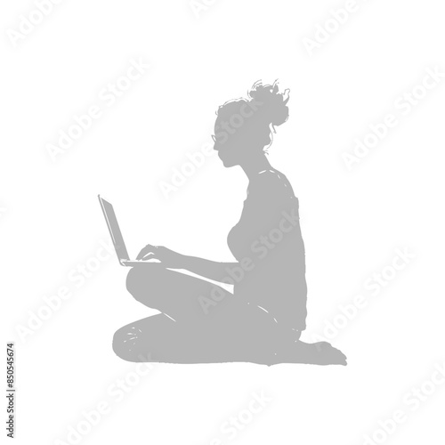 silhouette elderly woman playing on laptop while sitting cross legged