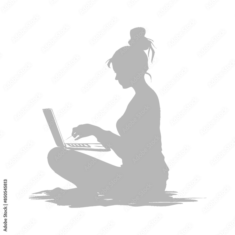 silhouette elderly woman playing on laptop while sitting cross legged silhouette elderly woman playing on laptop while sitting cross legged