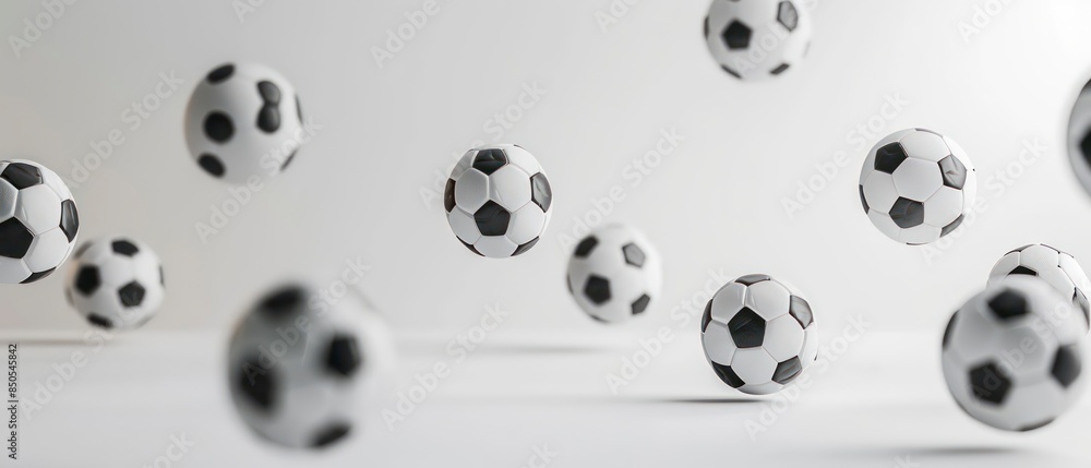 Soccer balls suspended in mid-air against a bright white studio backdrop, creating a dynamic and visually striking composition Soccer balls suspended in mid-air against a bright white studio backdrop, creating a dynamic and visually striking composition