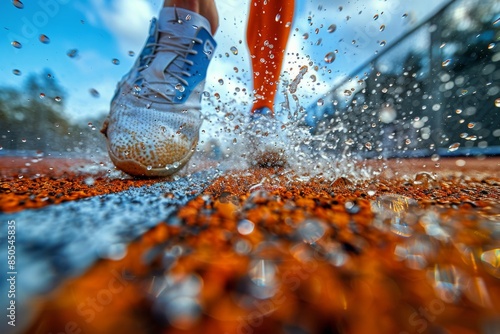Runners Foot Splashing Water On Track During Rainy Day