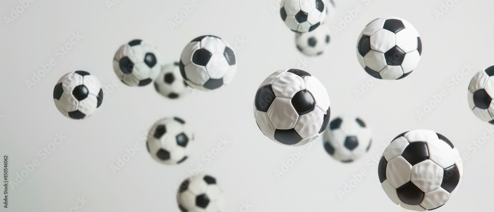 Soccer balls suspended in mid-air against a bright white studio backdrop, creating a dynamic and visually striking composition Soccer balls suspended in mid-air against a bright white studio backdrop, creating a dynamic and visually striking composition