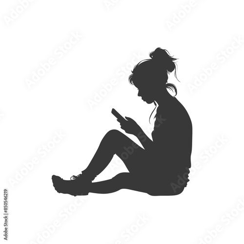 silhouette woman playing smartphone while sitting black color only