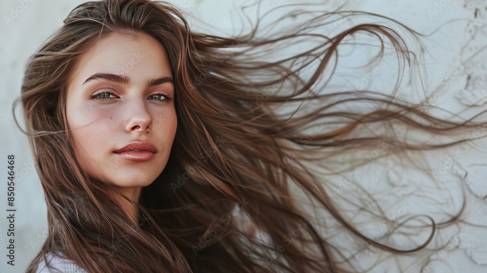 beautiful woman with long brown flowing hair, isolated against a white stone background, hyper realistic, extremely detailed, focused on hair, shampoo ad beautiful woman with long brown flowing hair, isolated against a white stone background, hyper realistic, extremely detailed, focused on hair, shampoo ad