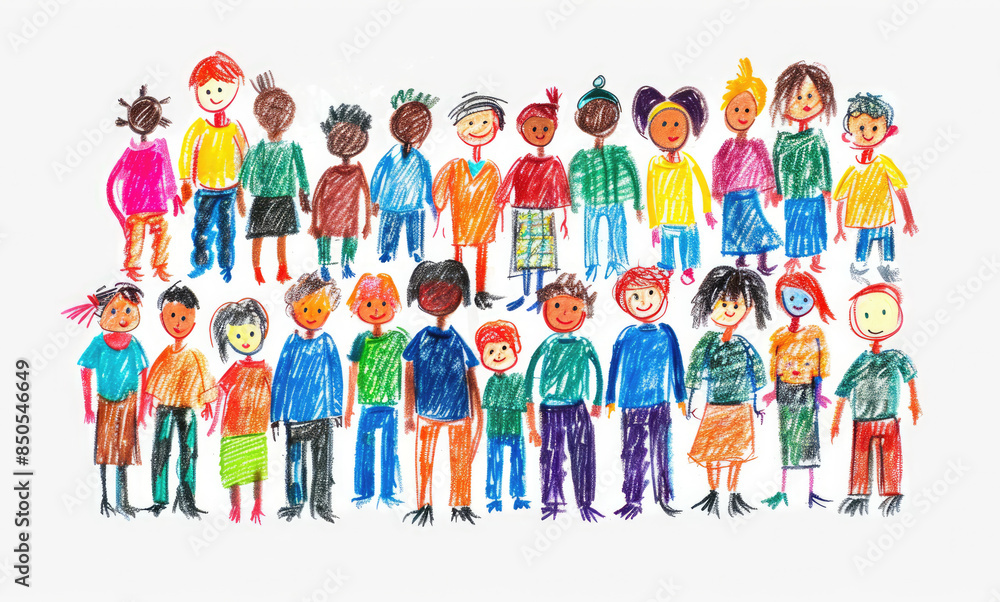 Pencil drawn art by child, naive kids illustration of different multiethnic people, diversity concept on white background Pencil drawn art by child, naive kids illustration of different multiethnic people, diversity concept on white background