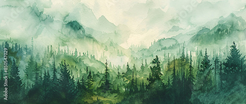 Misty forest landscape with pine trees and fog in the air, panoramic view


 photo