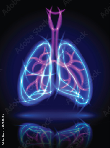 Human lung illustration consists of glowing watercolor and purple curves on a dark blue background with glowing intersections, medium in modern technology.