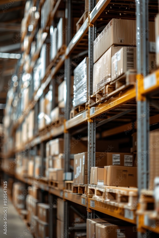 Boxes stacked on warehouse shelves Boxes stacked on warehouse shelves