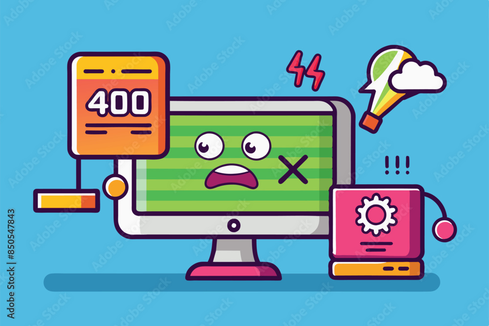 Cartoon computer screen panics with 400 error as network icon displays broken connection, 504 error gateway timeout Customizable Cartoon Illustration Cartoon computer screen panics with 400 error as network icon displays broken connection, 504 error gateway timeout Customizable Cartoon Illustration