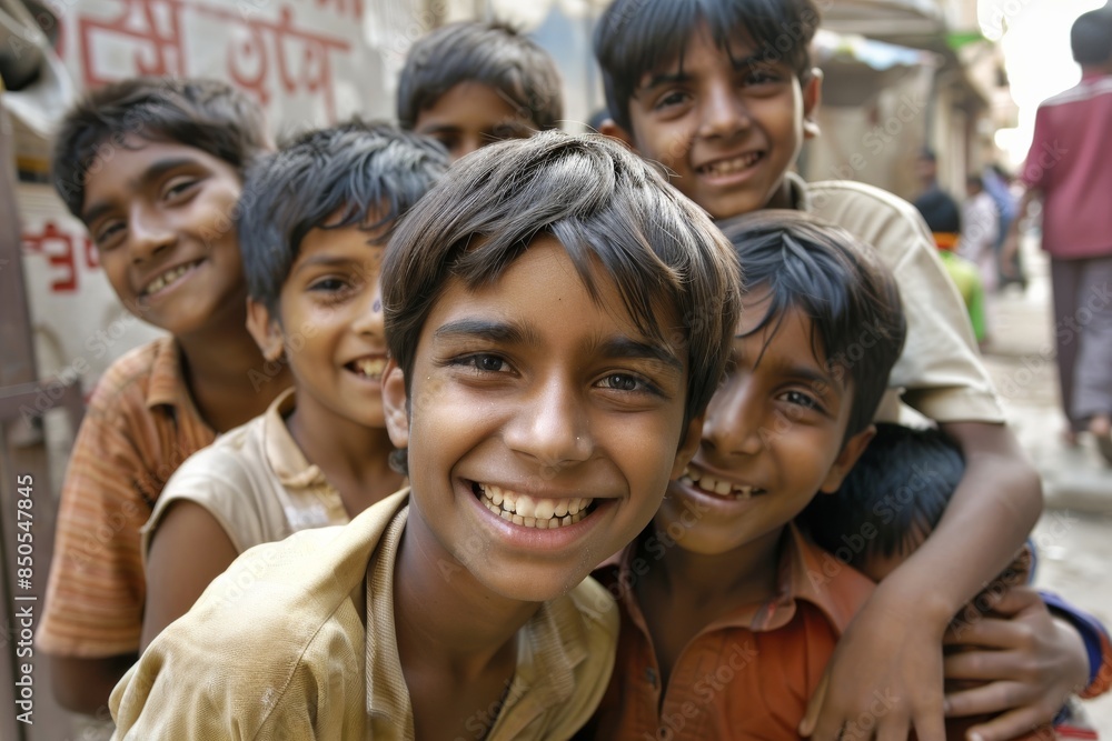 Group of happy indian kids smiling at the camera on the street Group of happy indian kids smiling at the camera on the street