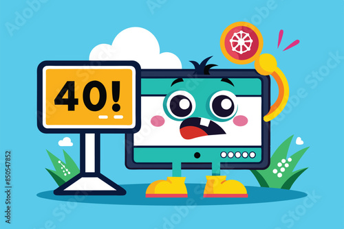 A nervous cartoon computer stands by a 40! sign while a spinning wheel signals a timeout error, 504 error gateway timeout Customizable Cartoon Illustration
