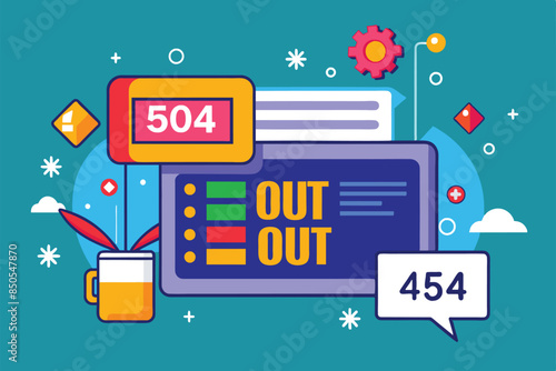 A colorful illustration depicting a digital display with a message Out of Service and error codes 504 and 454, 504 error gateway timeout Customizable Disproportionate Illustration