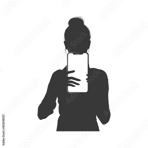 Silhouette: Woman Holding Up Blank Phone Screen, Hair Bun, Minimalist.