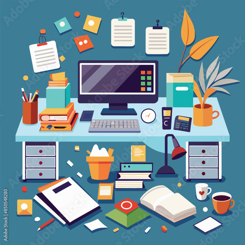 An illustration of a messy desk with a computer, books, office supplies, and a plant, A cluttered workspace with a desktop computer and scattered papers