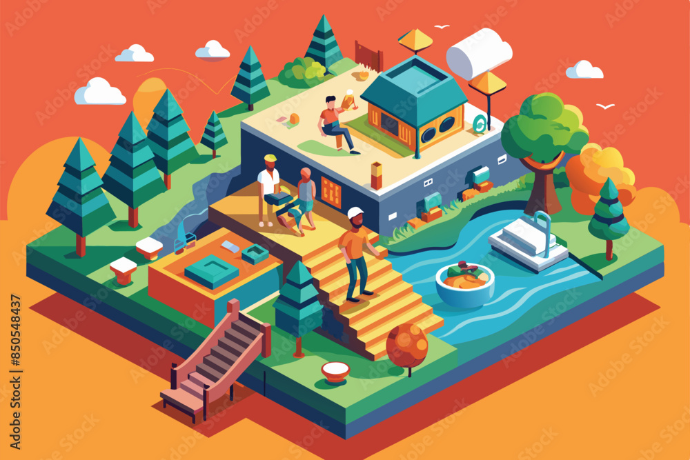 Isometric illustration: Friends having fun by the river with cabin, trees, and boat, A day off Customizable Isometric Illustration