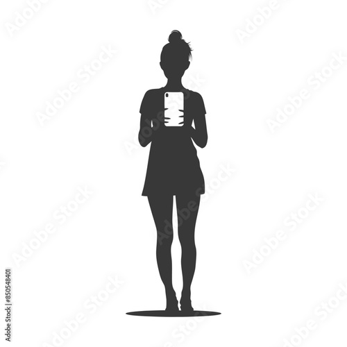 Silhouette of Woman Taking Photo with Smartphone, Bun Hairstyle, Full Length Portrait.