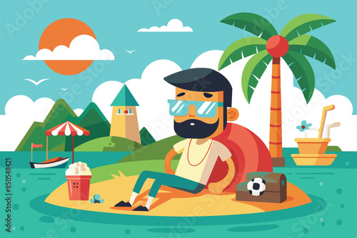 Cartoon man in sunglasses chills on tropical island with palm tree, chest, soccer ball, drink, and boat in background, A day off Customizable Cartoon Illustration