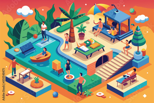 Isometric art of people enjoying a pool day with swimming, lounging, working, and socializing, A day off Customizable Isometric Illustration