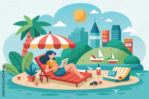 A woman relaxes on a beach chair on a tropical island while working on her laptop, A day off Customizable Semi Flat Illustration