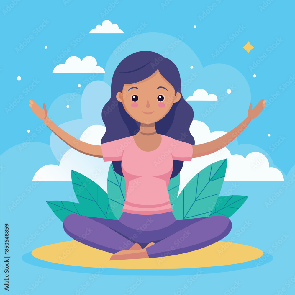 Cartoon woman with long dark hair, sitting in a yoga pose with raised arms, smiling among plants and clouds, A girl with her arms stretched upward, palms facing the sky, in a serene yoga pose Cartoon woman with long dark hair, sitting in a yoga pose with raised arms, smiling among plants and clouds, A girl with her arms stretched upward, palms facing the sky, in a serene yoga pose