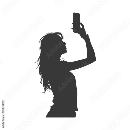 Silhouette of Woman Taking Upward Angle Photo with Phone, Long Hair, Monochrome.