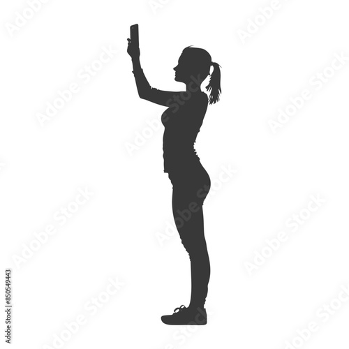 silhouette woman taking selfie photo on smartphone  with poses