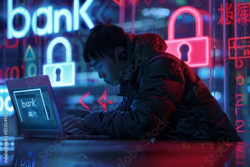Chinese Hacker Accessing Sensitive Information in a Neon-Lit Urban Setting at Night