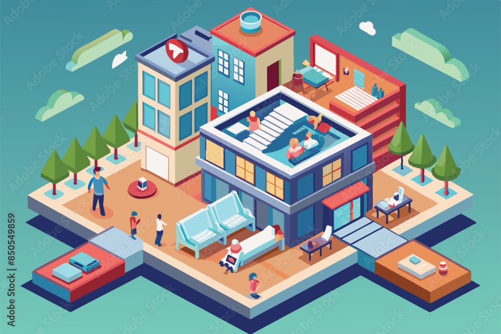 Vibrant isometric art of a city building with rooftop pool, patio, trees, and people enjoying activities, Abortion Customizable Isometric Illustration Vibrant isometric art of a city building with rooftop pool, patio, trees, and people enjoying activities, Abortion Customizable Isometric Illustration