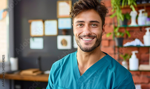 Young Smiling Male Therapist in Green Scrubs at Modern Pain Recovery Clinic, Providing Friendly and Compassionate Care