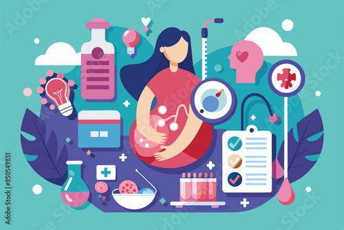 Illustration depicting a woman holding a fetus with medical symbols and other visual elements related to abortion, Abortion Customizable Flat Illustration