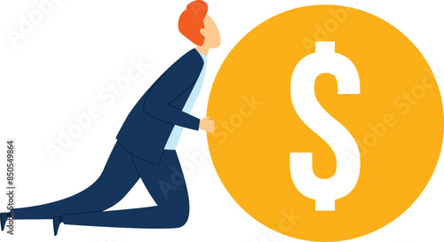 Businessman pushing large coin symbolizing financial effort. Midadult office worker exerting strength move money sign concept. Corporate struggle economic challenge flat design
