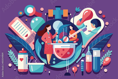 A colorful semi-flat illustration depicts a doctor and patient engaged in an abortion medical procedure, Abortion Customizable Semi Flat Illustration