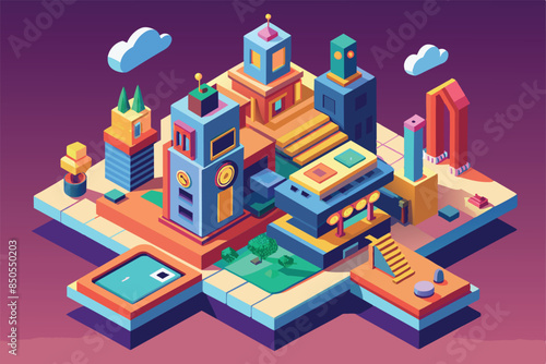 A colorful isometric illustration of a miniature city with buildings, trees, a pool, and clouds, Add color Customizable Isometric Illustration
