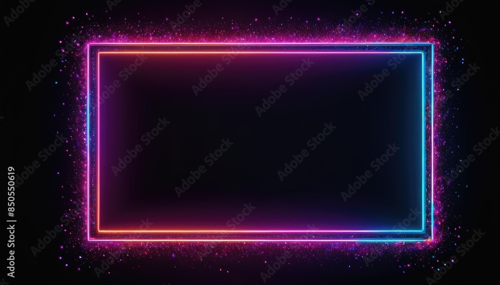 Obraz premium Neon pink rectangular frame with radiant particles, set against a deep black background, highlighting a dynamic and enchanting visual composition.