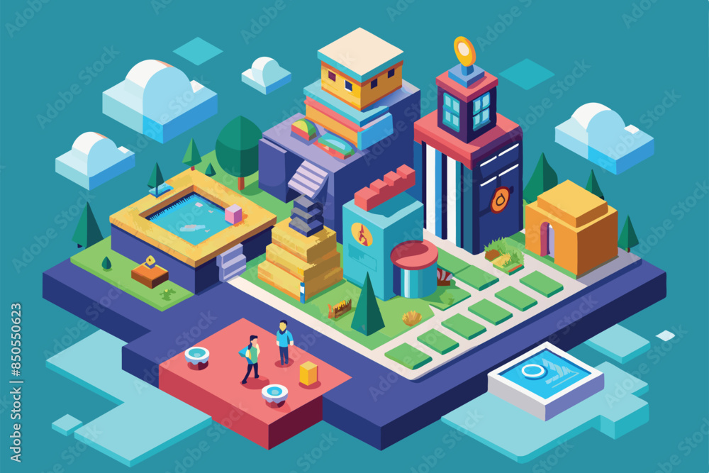 An isometric illustration of a vibrant modern cityscape with a pool, trees, and buildings, Add user Customizable Isometric Illustration An isometric illustration of a vibrant modern cityscape with a pool, trees, and buildings, Add user Customizable Isometric Illustration