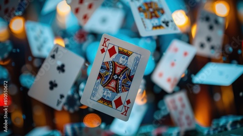 A mesmerizing close-up of playing cards falling gracefully in mid-air, capturing the dynamic movement and the excitement of a casino atmosphere. The cards are in sharp focus against a blurred