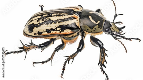 Goliath beetle displaying its black, white, and brown chitin against a white backdrop photo
