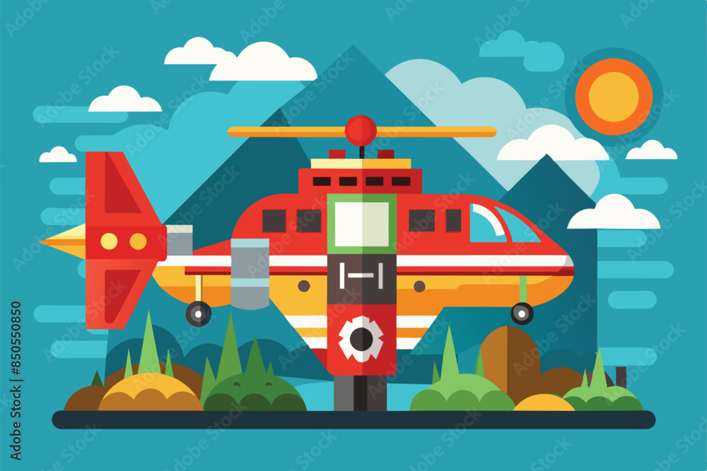 A flat, stylized illustration of a red helicopter flying over a mountain landscape with clouds and a bright sun, Air support Customizable Flat Illustration A flat, stylized illustration of a red helicopter flying over a mountain landscape with clouds and a bright sun, Air support Customizable Flat Illustration