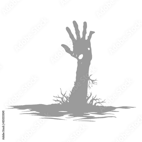 Emerging Undead: Gray Zombie Hand Silhouette Rising from Grunge Ground.