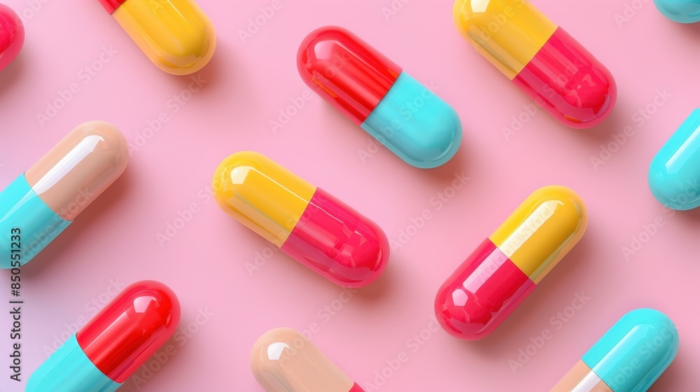 right and glossy capsules on a pastel background. right and glossy capsules on a pastel background.