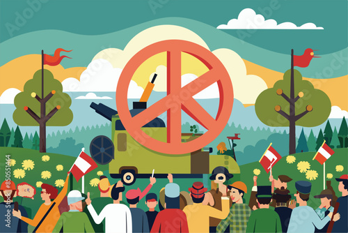 Protestors with peace flags stand in front of a war machine turned symbol of peace in the illustration, Anti-war protest Customizable Semi Flat Illustration