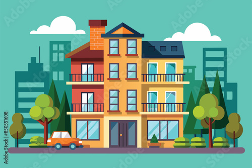 Modern apartment building with balconies and car, in front of cityscape with trees, Apartment rent Customizable Semi Flat Illustration