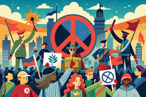 Illustration showing city anti-war protest with diverse crowd holding peace signs, flags, banners, Anti-war protest Customizable Disproportionate Illustration