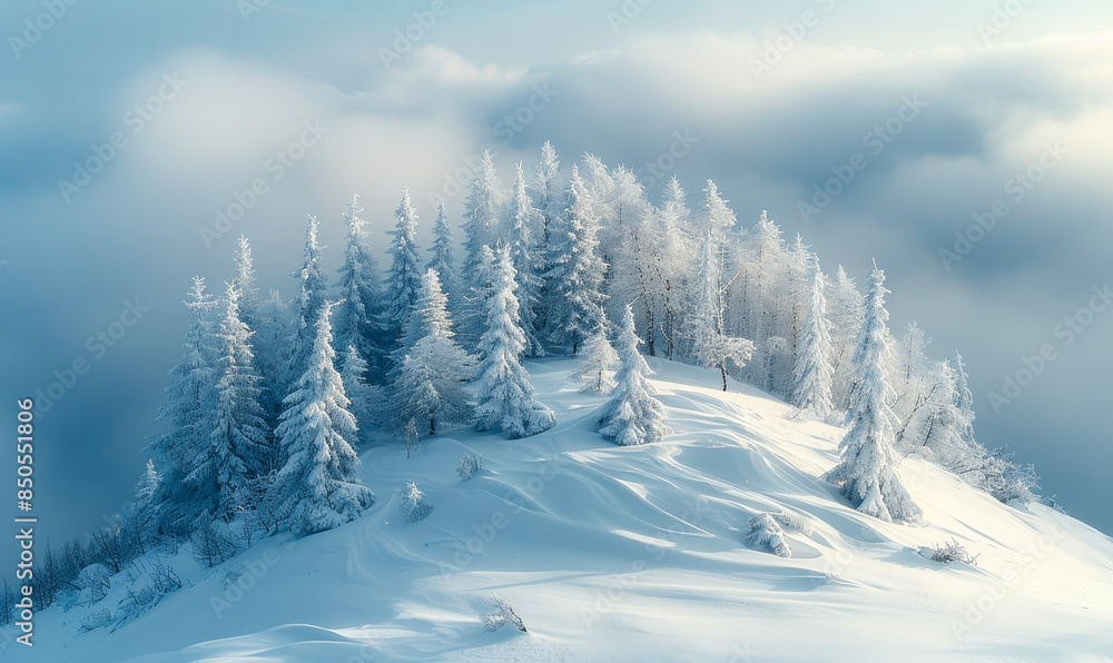 Tranquil Winter Landscape with Snow-Covered Pine Trees on Serene Hilltop at Dawn Tranquil Winter Landscape with Snow-Covered Pine Trees on Serene Hilltop at Dawn