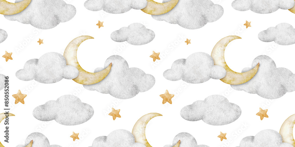 Moons, Clouds and stars. Crescent moon. Watercolor nursery seamless ...
