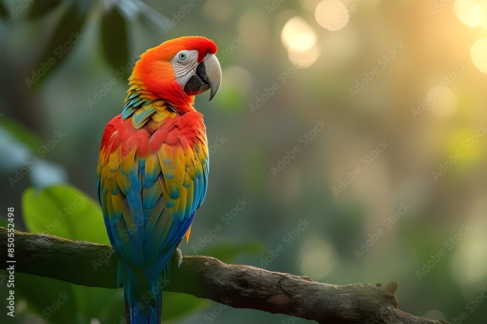 Obraz premium A photorealistic depiction of a colorful parrot perched on a tropical branch, its vibrant feathers standing out against the lush greenery, showcasing the beauty of exotic birds