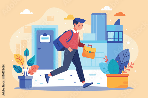 An illustration of a man rushing towards an office building with a briefcase and backpack, Back to work Customizable Semi Flat Illustration