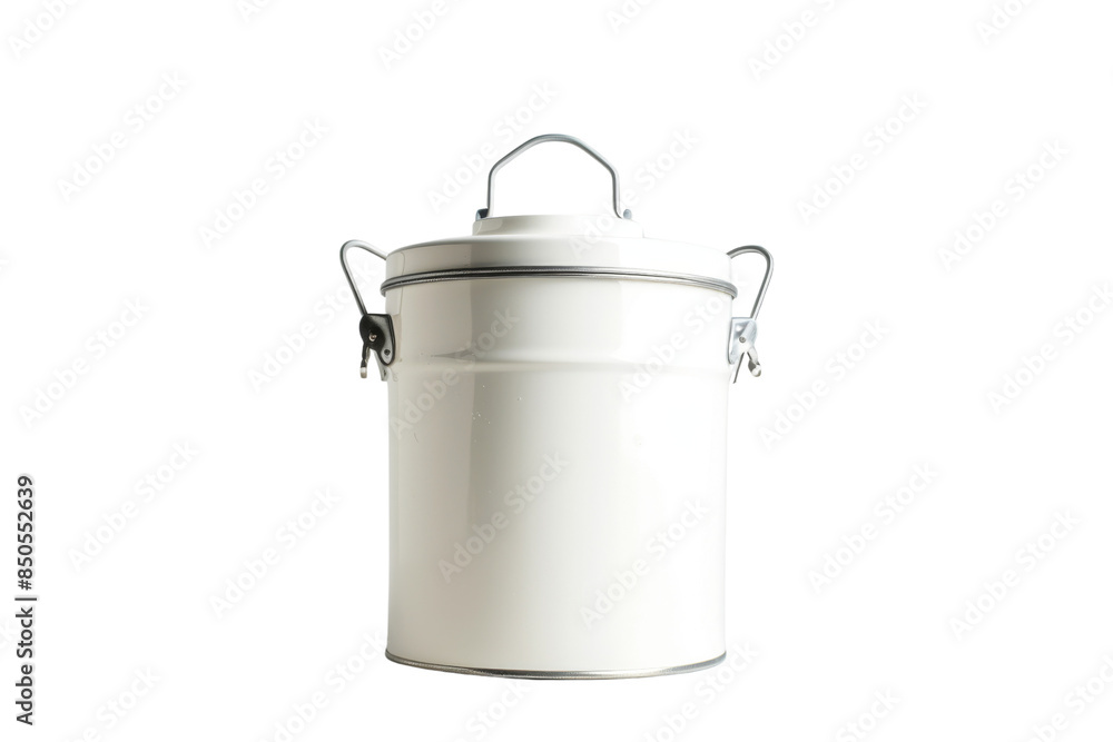 Isolated white metal canister with lid and handles, perfect for storage solutions and kitchen organization. Isolated white metal canister with lid and handles, perfect for storage solutions and kitchen organization.
